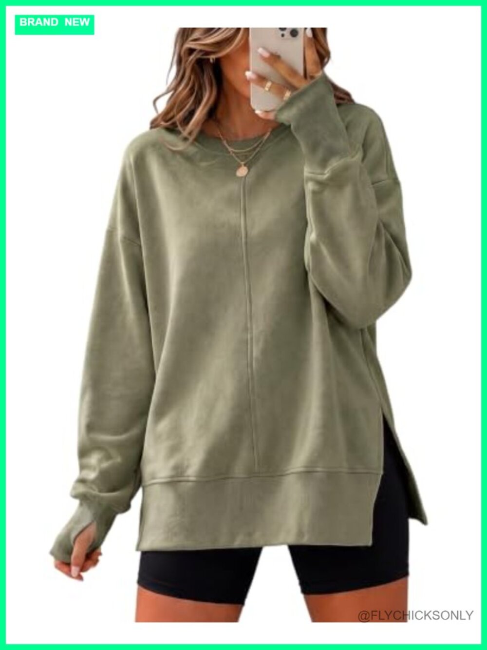 Oversized Sweatshirt Crewneck Side Slit Pullover Top Long Sleeve